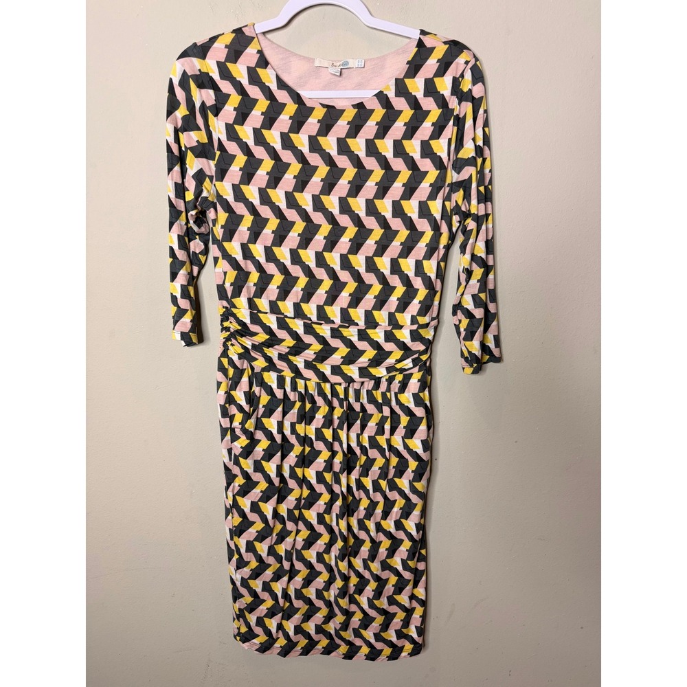 Boden Geometric Chevron Dress Womens 10 Pink Yellow 3/4 Sleeve Ruched Pockets